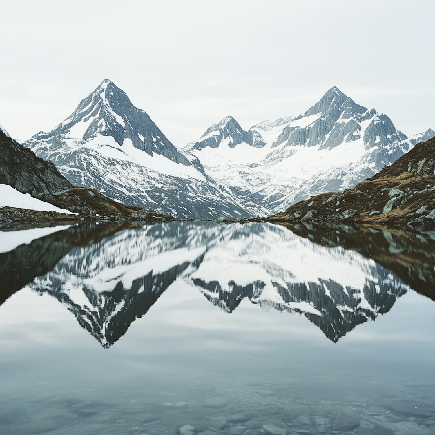 Snow-capped mountains reflected in a still high-altitude lake